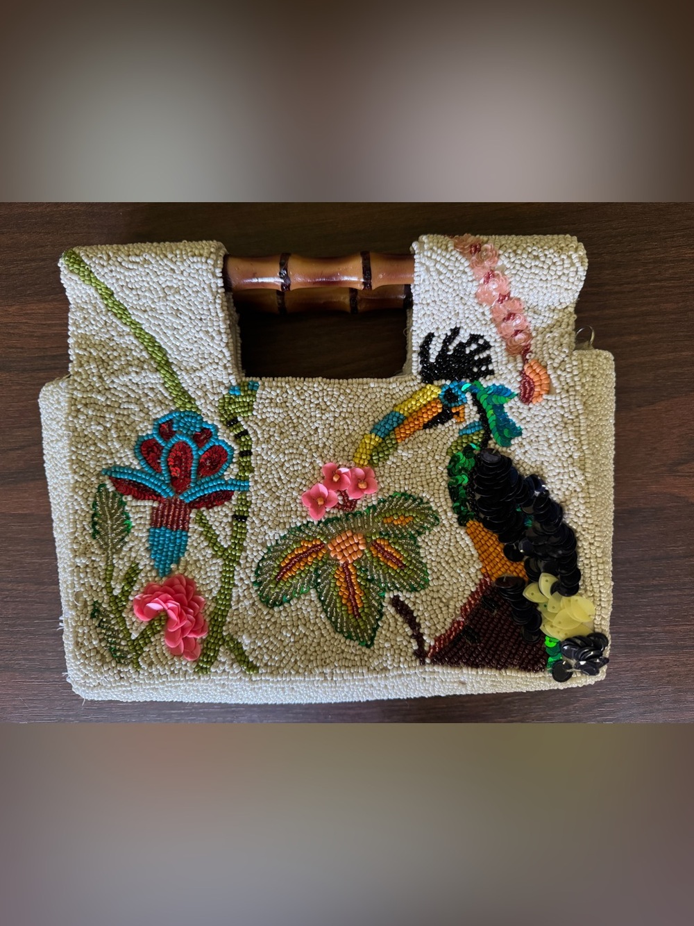 Handcrafted In India Beaded Tropical Toucan Handbag in Cream & Multicolor